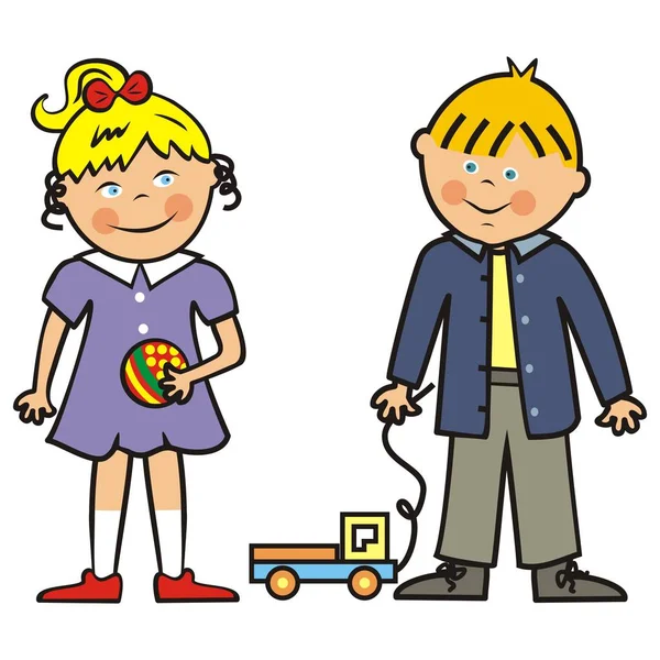 Glückliche Kinder Mädchen Junge Und Spielzeug Vektor Symbol — Stockvektor