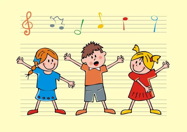 Şarkı söyleyen çocuklar, arka çıta ve müzik notlar, vektör simgesi vardır