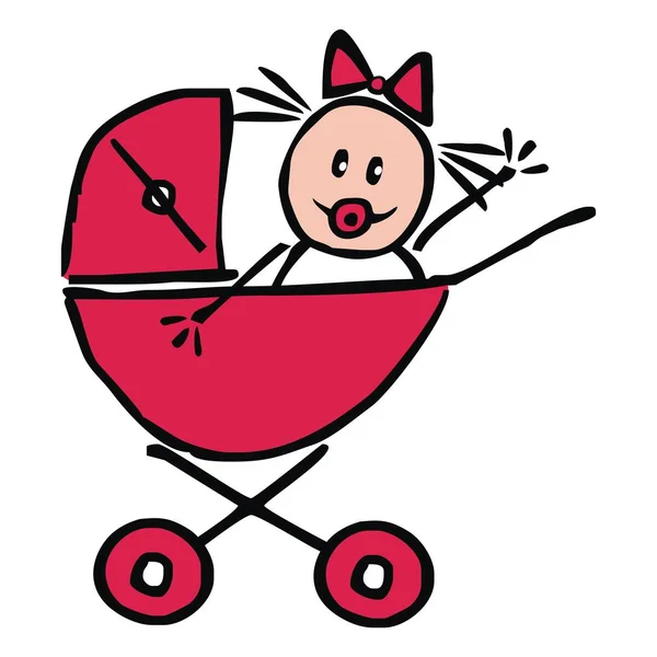 Babysit Meisje Van Baby Kinderwagen Grappig Illustratie Doodle Vector Pictogram — Stockvector