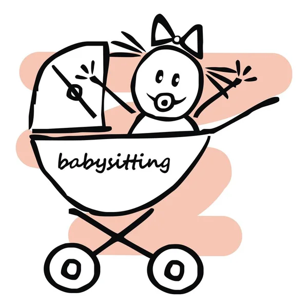 Babysit Meisje Van Baby Kinderwagen Grappig Illustratie Doodle Vector Pictogram — Stockvector