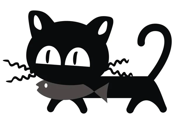 Gato Divertido Silueta Negra Gato Con Peces Ilustración Vectorial — Archivo Imágenes Vectoriales