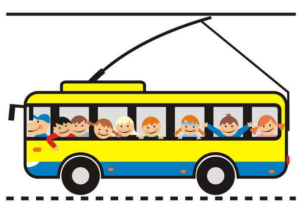 Trolleybus, group of kids on the trip, vector icon
