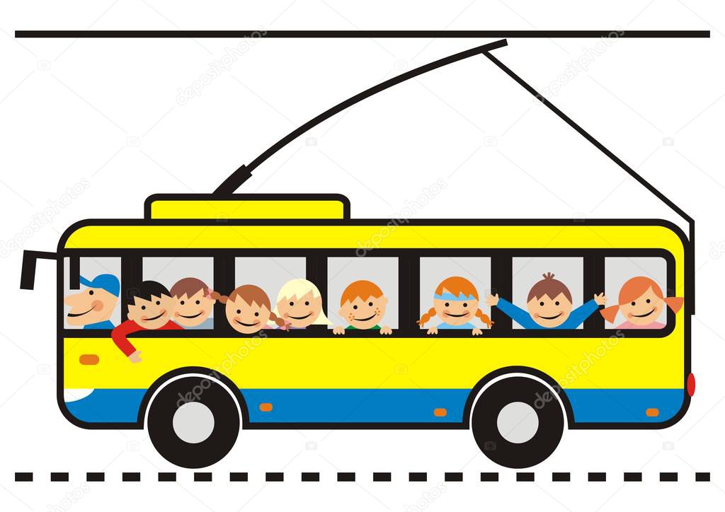 Trolleybus, group of kids on the trip, vector icon