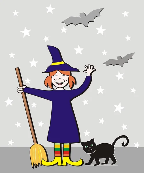 Halloween Flicka Och Katt Vektorillustration — Stock vektor
