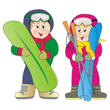 İki çocuk, erkek ve kız ile snowboard ve Kayak, vektör simgesi