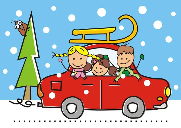 Kinder Bei Rotem Auto Mit Schlitten Vektor Lustige Illustration — Stockvektor