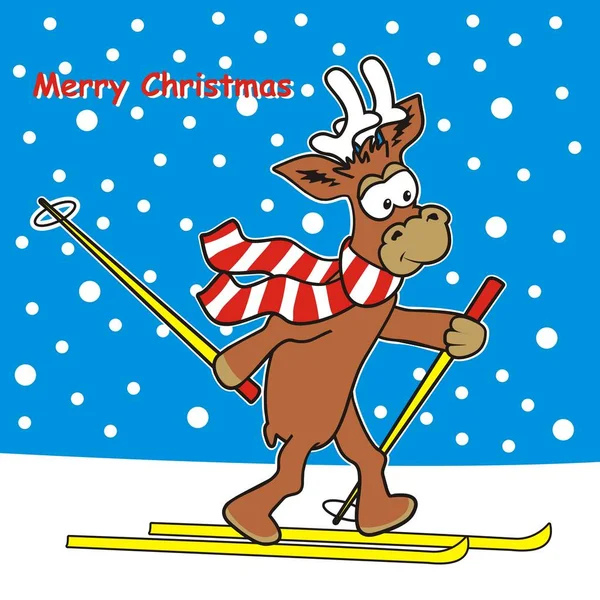Rena Esqui Ilustração Vetorial Engraçada Cartão Postal Natal — Vetor de Stock