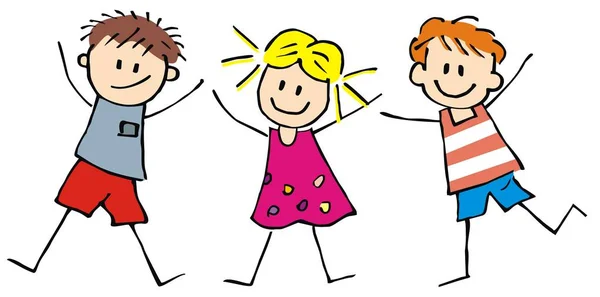 Três Crianças Felizes Meninos Menina Ilustração Vetor Engraçado — Vetor de Stock