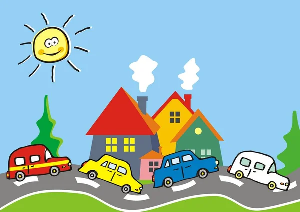 道路や家や木 ベクトル図での車のグループ — ストックベクタ