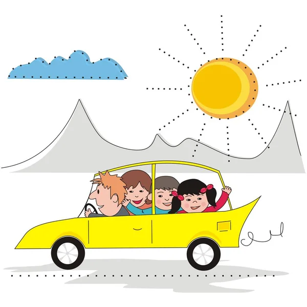 family trip, car with people, at background mountain and sun, vector illustration