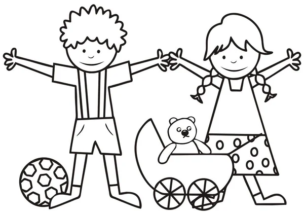 Szczęśliwe Dzieci Wózka Misiem Kolorowanka Dla Dzieci Wektor Ikona — Wektor stockowy