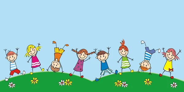 Çayır, komik vektör simgesi üzerinde mutlu çocuklar