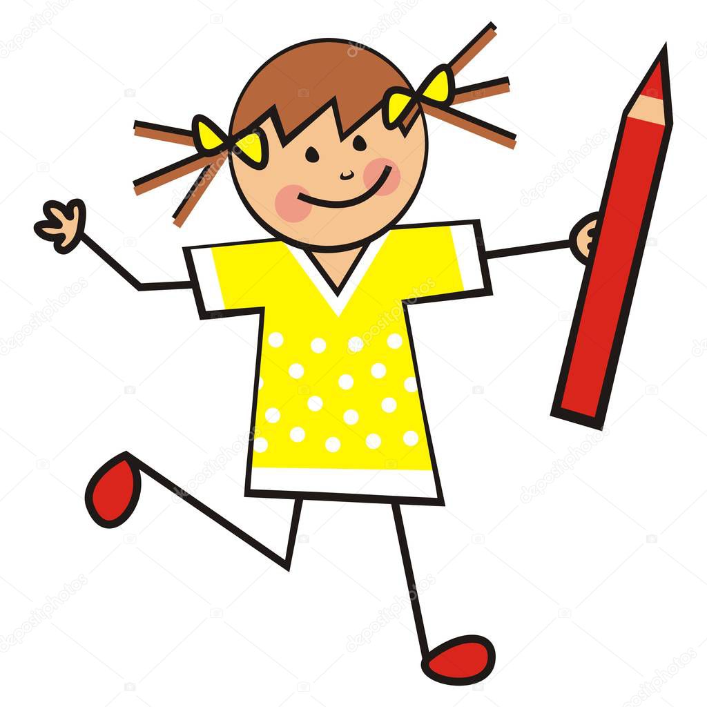 Girl and red,crayon, happy kid, vector illustration