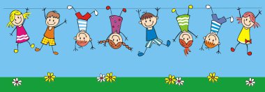Hanging happy kids, funny vector illustration clipart