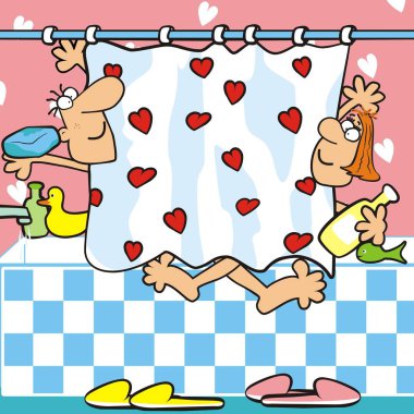 banyo, bir adam ve kadın banyoda komik vektör çizim