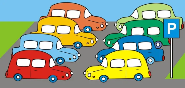 Parkeringsplats Bilar Färg Vektor Illustration — Stock vektor