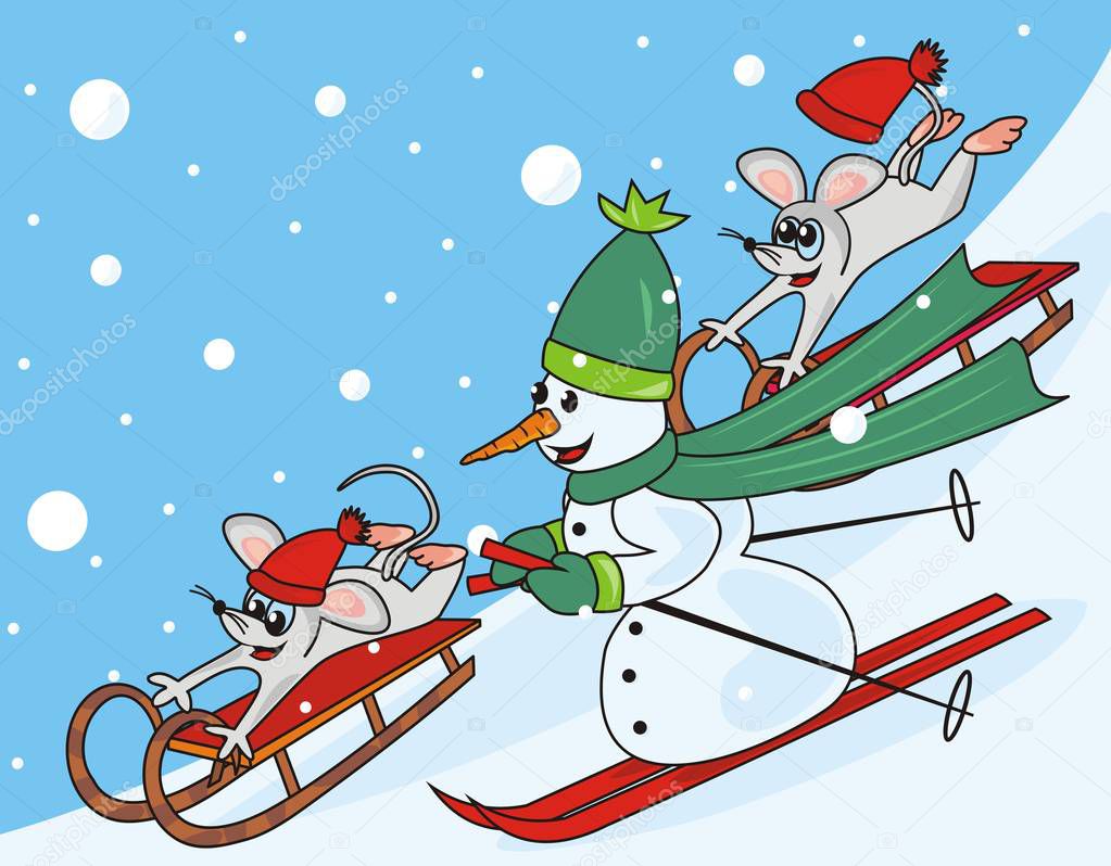 Mice and snowman, funny vector illustration