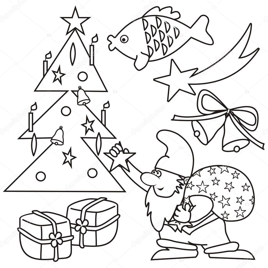 Coloring book,chritstmas symbols, tree, comet, carp, gifts and santa claus, vector illustration