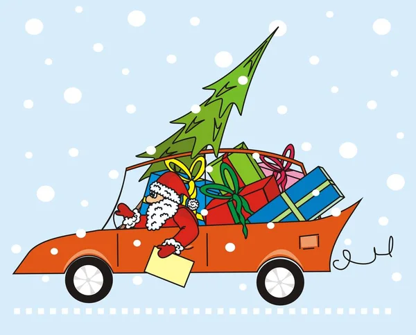 Arabada Noel Baba Komik Çizimler Noel Ağacı Vektör — Stok Vektör