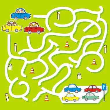 Cars, çocuklar, labirent, vektör çizim için oyun mutlu çocuklar