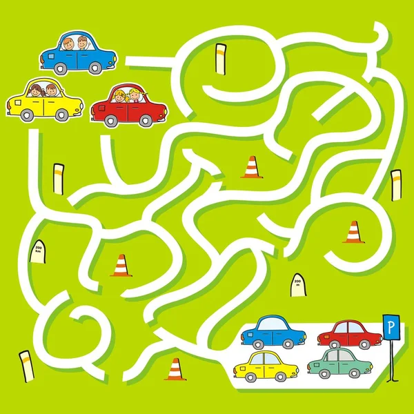 Szczęśliwy Kids Samochody Gry Dla Dzieci Labirynt Ilustracji Wektorowych — Wektor stockowy