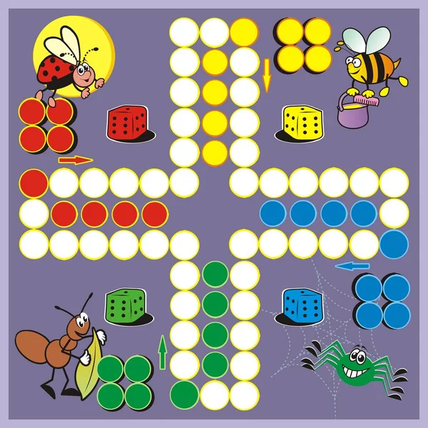 棋盘游戏与动物为孩子 蚂蚁和蜘蛛在紫色背景 — 图库矢量图片