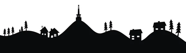 Gunung Dengan Rumah Pohon Dan Menara Pengintai Ilustrasi Vektor Siluet - Stok Vektor