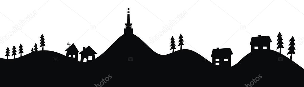 Mountain with houses, trees and lookout tower, vector illustration, black silhouette