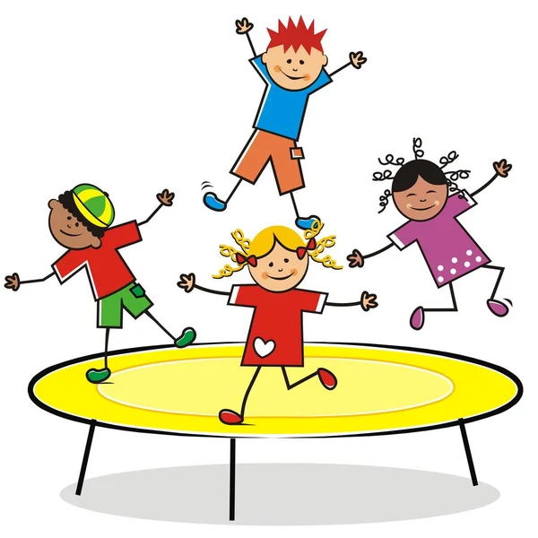 Des Enfants Heureux Sautant Sur Trampoline Illustration Vectorielle Drôle — Image vectorielle