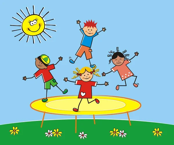 Crianças Felizes Saltando Trampolim Fundo Prado Céu Sol Ilustração Vetorial — Vetor de Stock