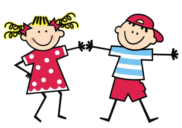 Deux Enfants Heureux Petite Fille Garçon Dansant Illustration Vectorielle Drôle — Image vectorielle