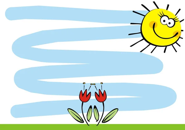 Leeg Vaandel Weide Zon Vectorillustratie Florale Achtergrond Met Glimlach Grappig — Stockvector