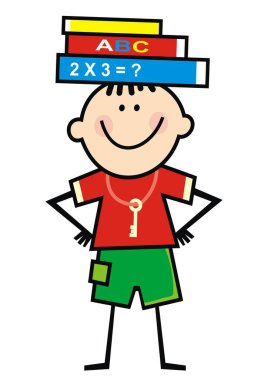 Okul çocuk ve kitaplar kafasına. Mutlu bir çocukluk matematik ve edebiyat öğrenir. Komik vektör çizim eğitim için.