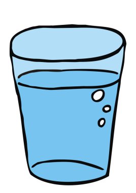 Mavi bardak su, elle çizilmiş illüstrasyon, vektör. İçecek balon. Siyah kontur mavi nesne. Yalıtılmış nesne.