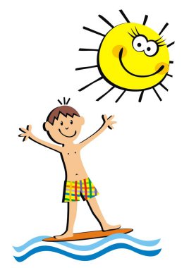 çocuk ve komik güneş sörf, illüstrasyon vektör