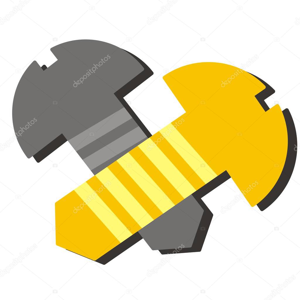 Two Screws, color vector icon. Group of a screws on white background. Isolated gray and yellow Silhouette of Bolt.