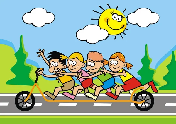 Niños Felices Scooter Push Ilustración Vectorial Divertida Grupo Niños Niñas — Vector de stock