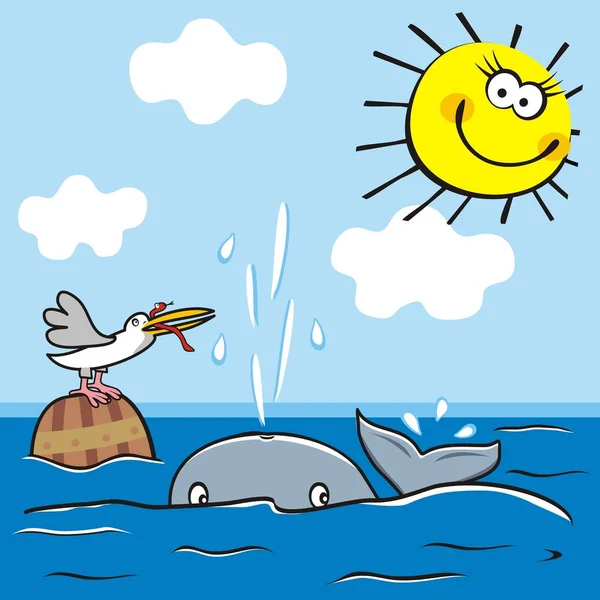 Baleine Oiseau Dans Mer Belle Image Pour Les Enfants Illustration — Image vectorielle