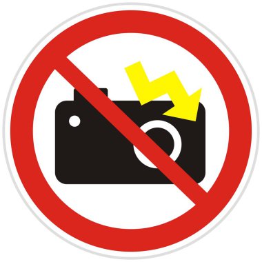 Hiçbir flaş fotoğraf, sembol, yıldırım, vektör simgesi ile fotoğraf çekerken yasağı. Kırmızı dairesel çerçevede kameranın siyah siluet.