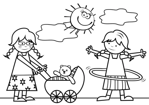 Två Flickor Med Barnvagn Och Hula Hoop Målarbok För Små — Stock vektor