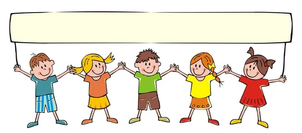 Grupo Cinco Niños Ilustración Vectorial Divertida Niñas Niños Sosteniendo Pancarta — Archivo Imágenes Vectoriales