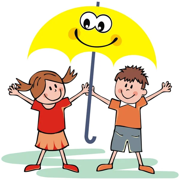 Twee Kleine Kinderen Met Glimlach Gele Paraplu Vector Grappige Illustratie — Stockvector