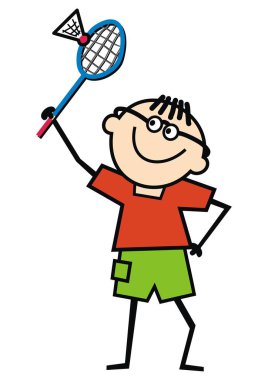 Çocuk ve badminton, raket ve top, komik vektör çizim ile tek oyuncu. Renkli görüntü. 