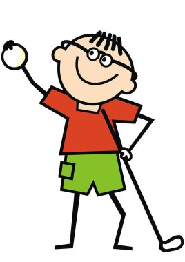 Golfçü, tek erkek, komik vektör illüstrasyon. Spor yapan genç bir adam. Golf sopası ve topu olan adam. Renkli görüntü.