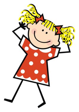 Kırmızı nokta elbiseli kız, komik vektör illüstrasyon