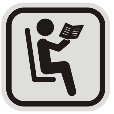 okuma köşesi, siyah ve gri çerçevede okuyucunun siyah silueti, düğme, eps.