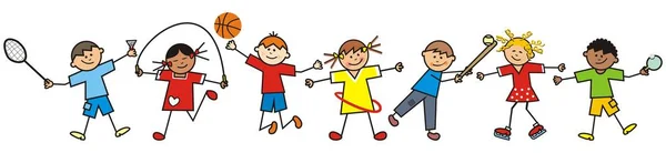 Bambini Felici Attrezzature Sportive Divertente Illustrazione Vettoriale — Vettoriale Stock