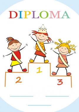 Diploma, podyumda küçük Güzellik Yarışması, komik vektör illüstrasyon. Kuşağı olan üç kız. Mavi çerçevede renkli illüstrasyon.