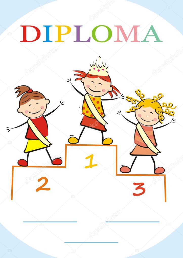 Diploma, little Miss Beauty Contest on the podium, funny vector illustration. Three girls with sash. Colored  illustration at blue frame.