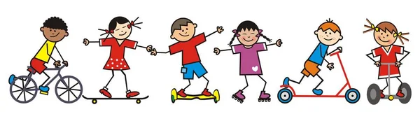 Crianças Felizes Cavaleiros Ilustração Vetorial Engraçada Grupo Crianças Diferentes Meios — Vetor de Stock